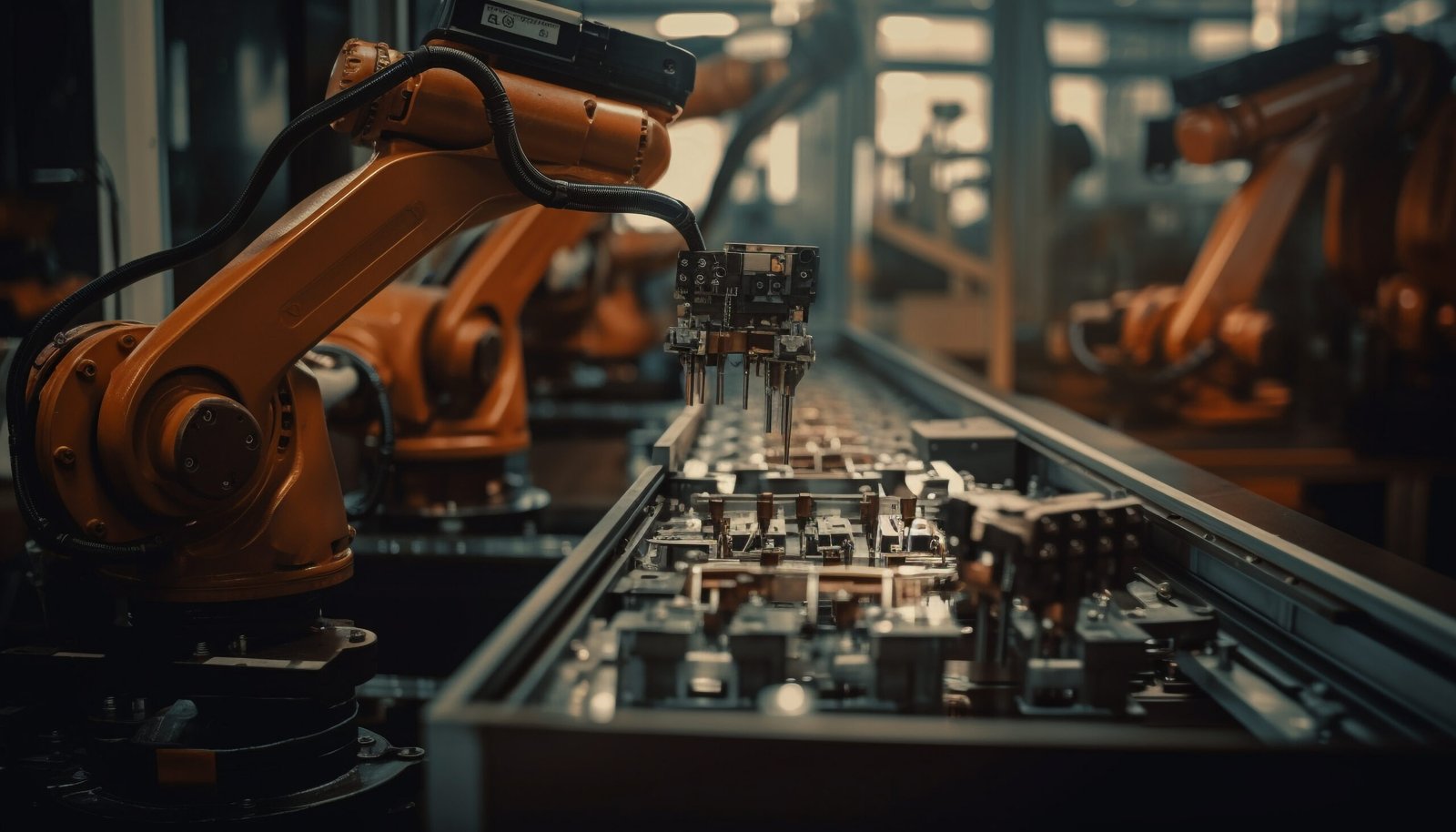 Mechanic controls robotic arm on futuristic production line